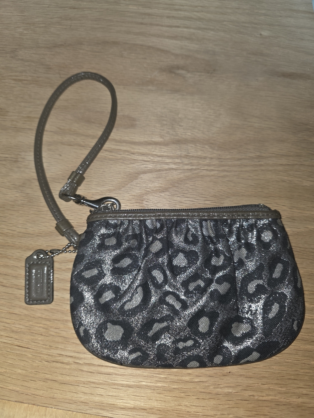 Coach Metallic Silver and Black Leopard Wristlet